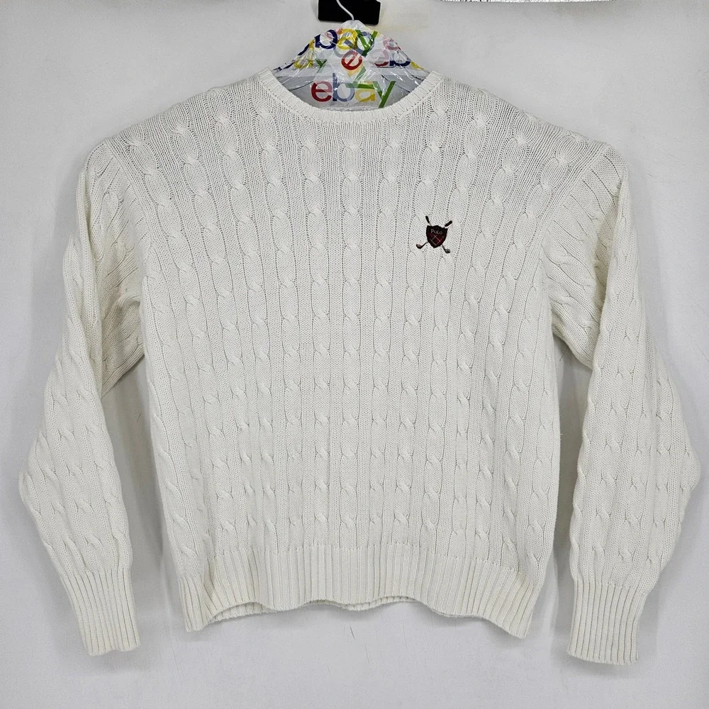 Vintage Polo Ralph Lauren Sweater Mens Large Cable Knit Crew Neck Shield White